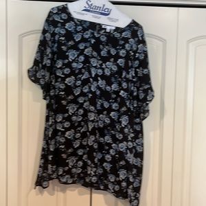 Navy blue/light blue floral design polyester blouse